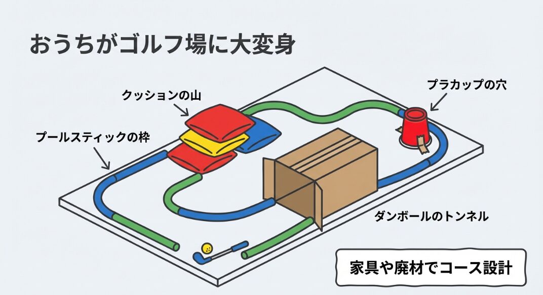 プールスティックで作る室内ゴルフコースのアイデア