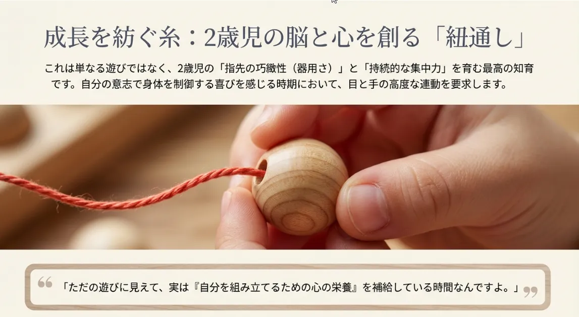 2歳児の紐通しのねらいは「指先の洗練」と「深い集中」です