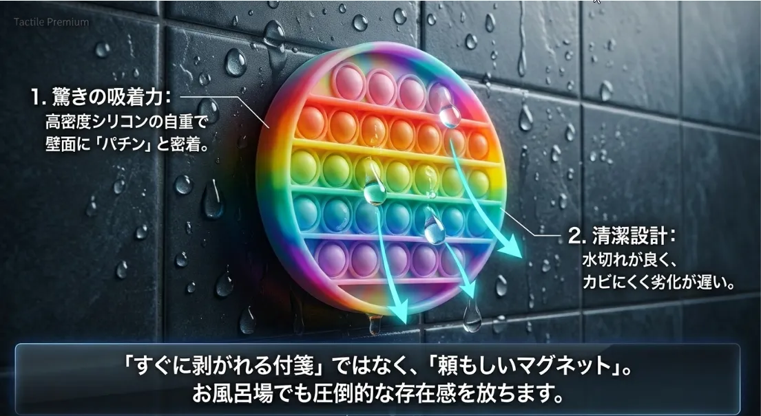 お風呂がもっと楽しくなる！驚きの水切れと壁への吸着力