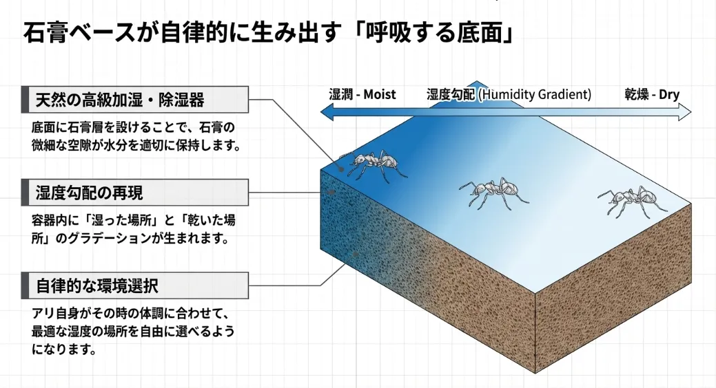 この構造にすることで、石膏に近い下層は湿度が高く