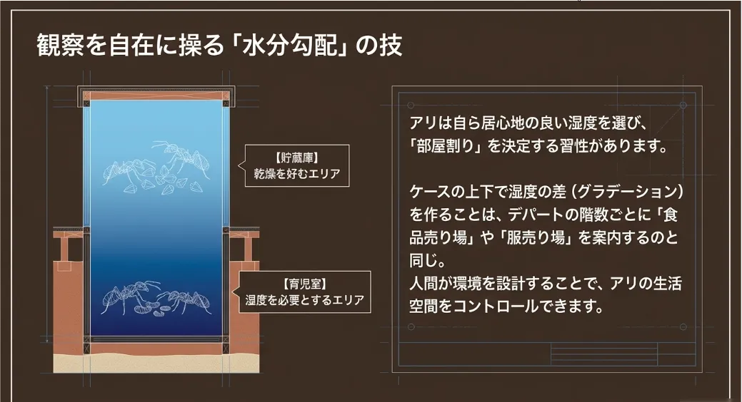アリを理想の場所へ誘導する「水分勾配」の作り方