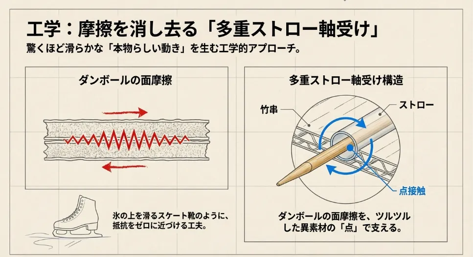 シルキーな動きの秘密はストローと竹串の「多重軸受け」構造