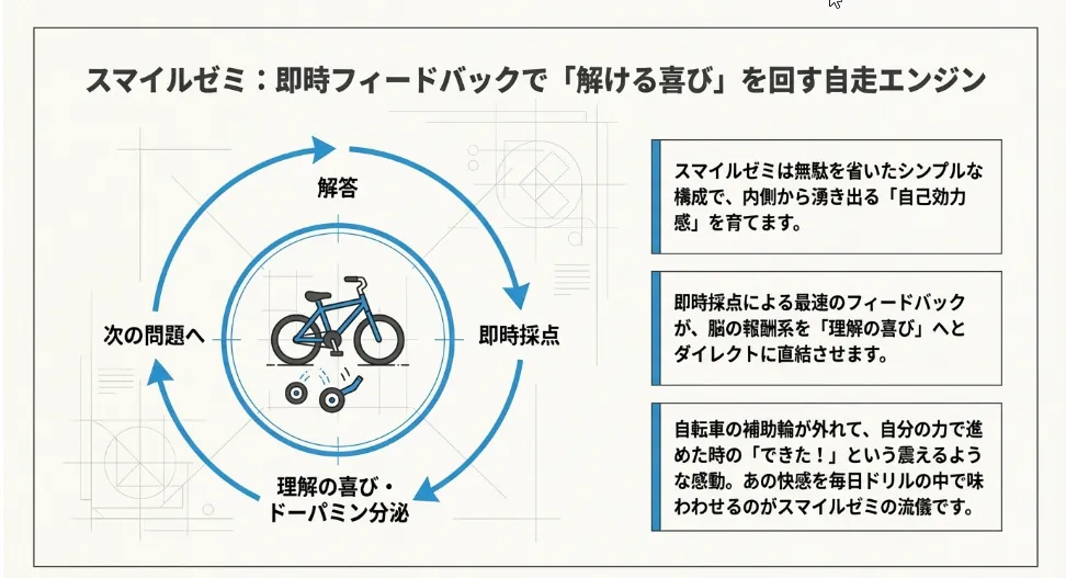 スマイルゼミは、問題を解いた瞬間に丸がつく「即時フィードバック」を重視しています。