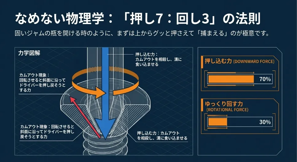 ネジをなめない物理法則！「押し7：回し3」の力加減