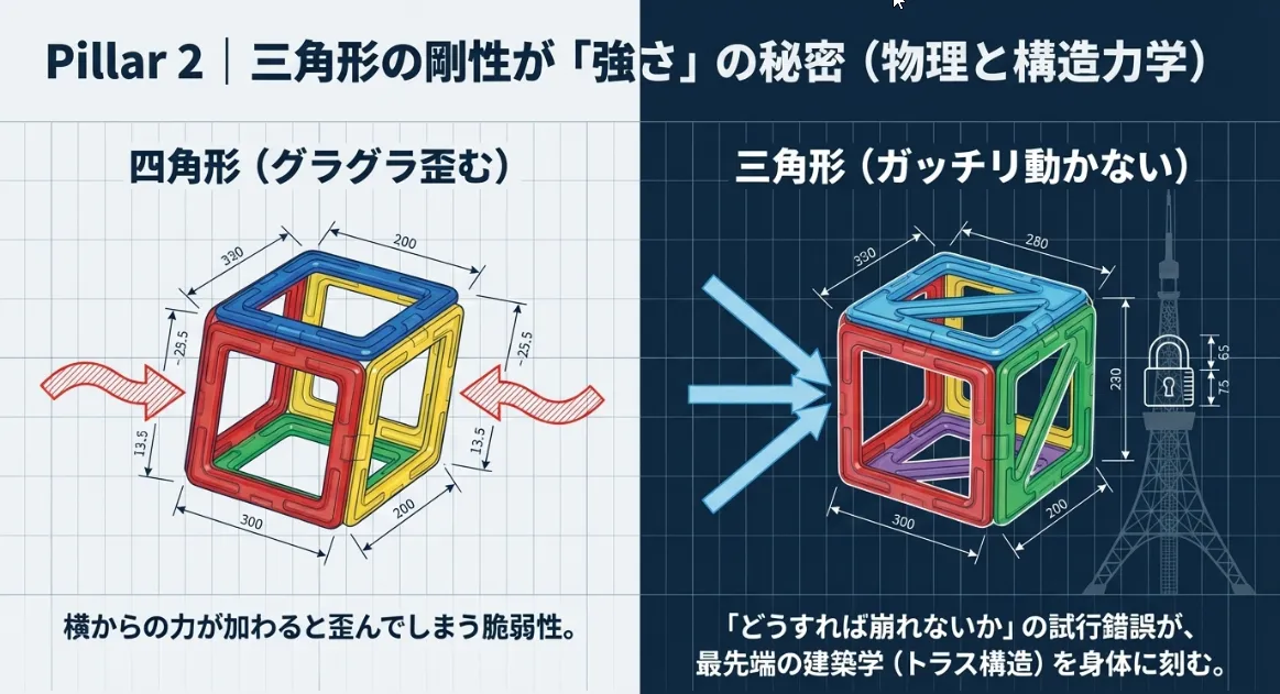 三角形の剛性で巨大な塔を建てる！トラス構造で学ぶ物理の基礎