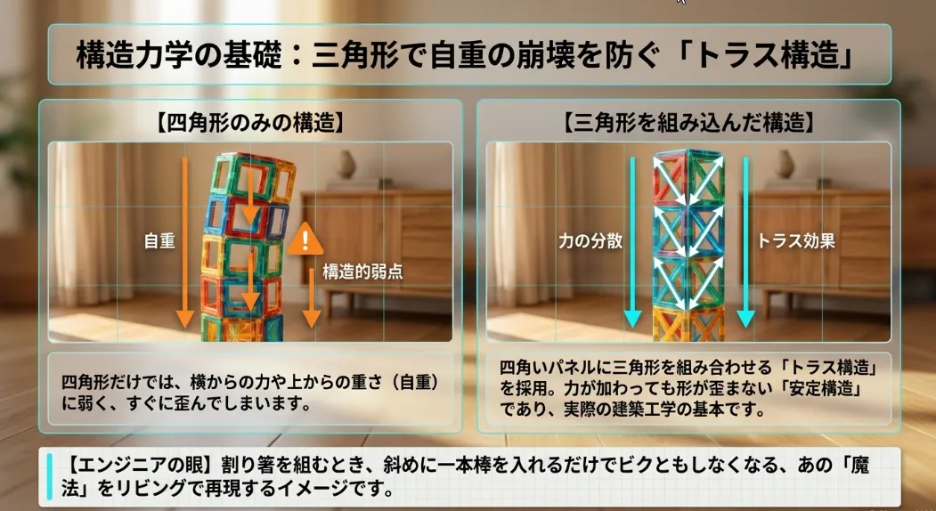 四角形の弱さを克服し、剪断変形を防ぐ「対角線ブレース」の魔法