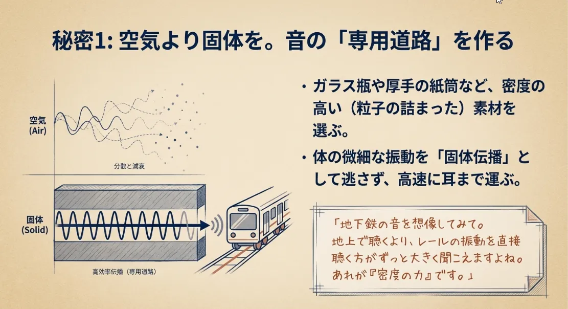 密度の高い素材ほど心臓の振動を逃さず耳へ伝える