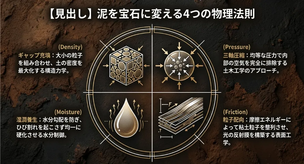 異なる粒の土を混ぜる「ギャップ充填」が強さの土台