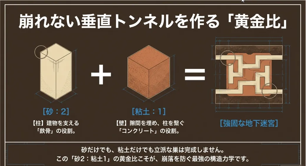 砂2：粘土1の黄金比が「崩れない垂直トンネル」を作る