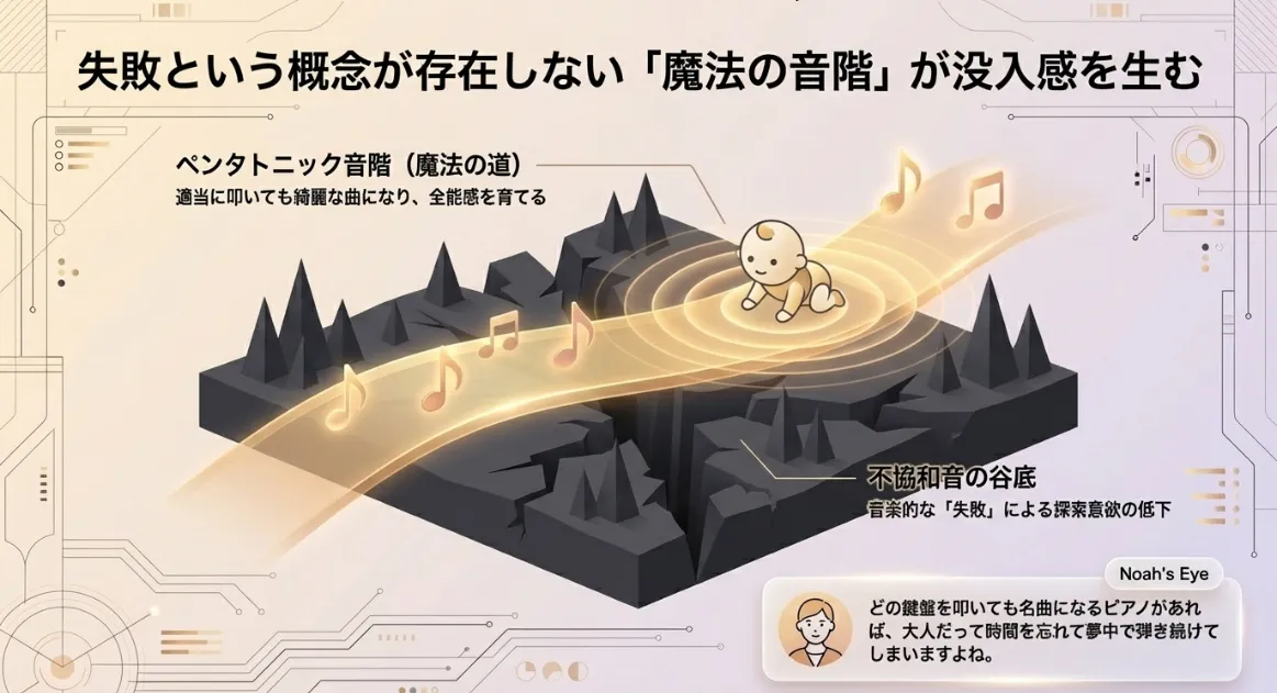 脳を飽きさせない「音」の設計。失敗のない音階と言語の切り替え