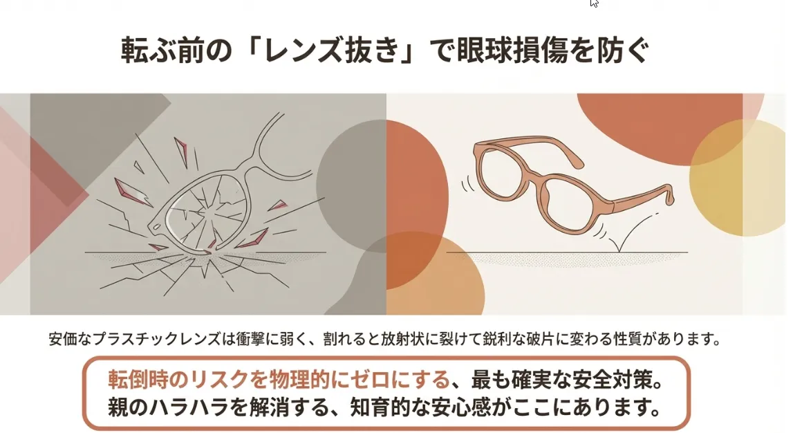 転倒時に眼球を傷つける「鋭利な破片」のリスクを回避