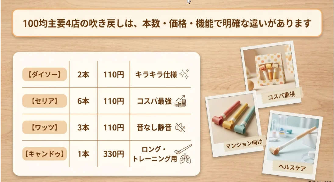 100均4店の吹き戻し比較表