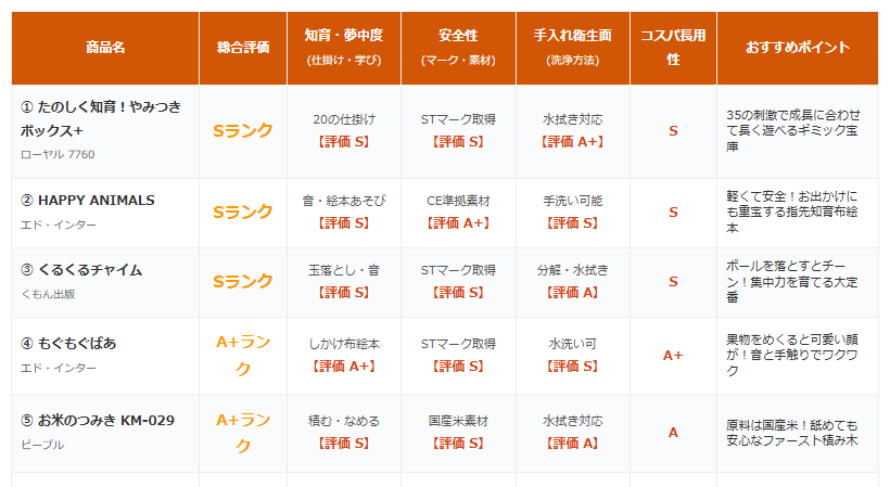 知育玩具の項目別評価表